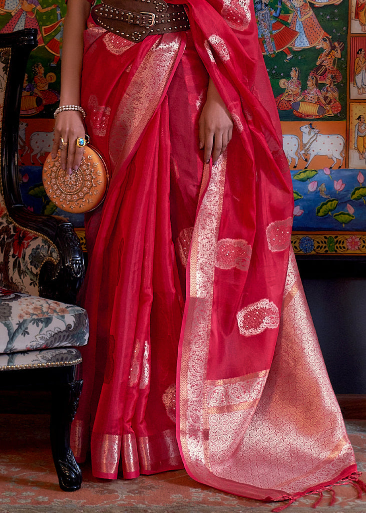 Ruby Red Handloom Woven Dual Tone Organza Silk Saree with Sequins Work Clothsvilla