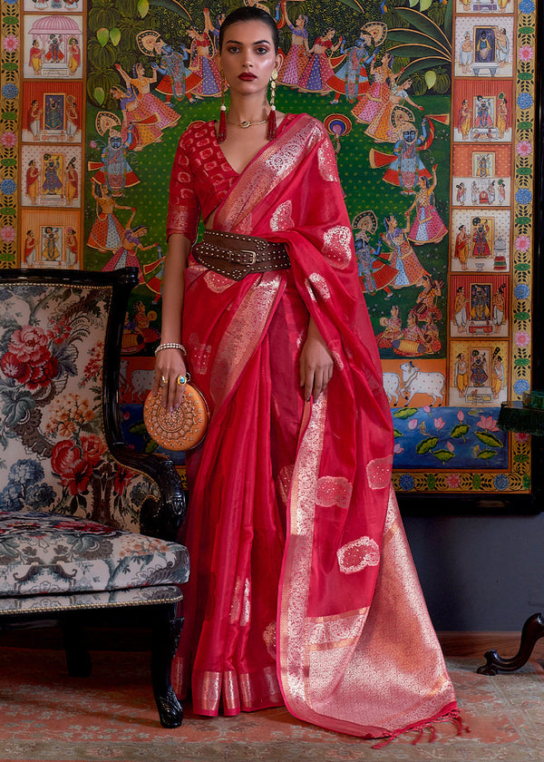 Ruby Red Handloom Woven Dual Tone Organza Silk Saree with Sequins Work Clothsvilla