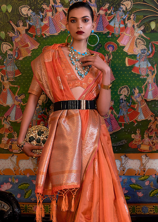 Coral Orange Handloom Woven Dual Tone Organza Silk Saree with Sequins Work Clothsvilla