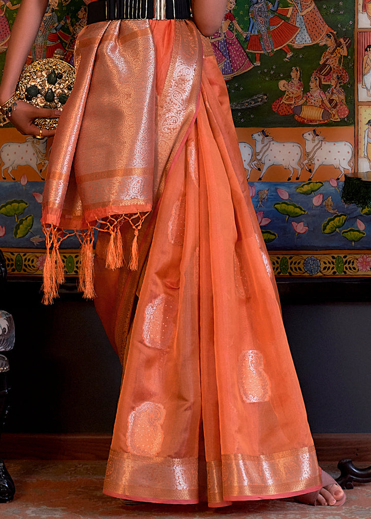 Coral Orange Handloom Woven Dual Tone Organza Silk Saree with Sequins Work Clothsvilla