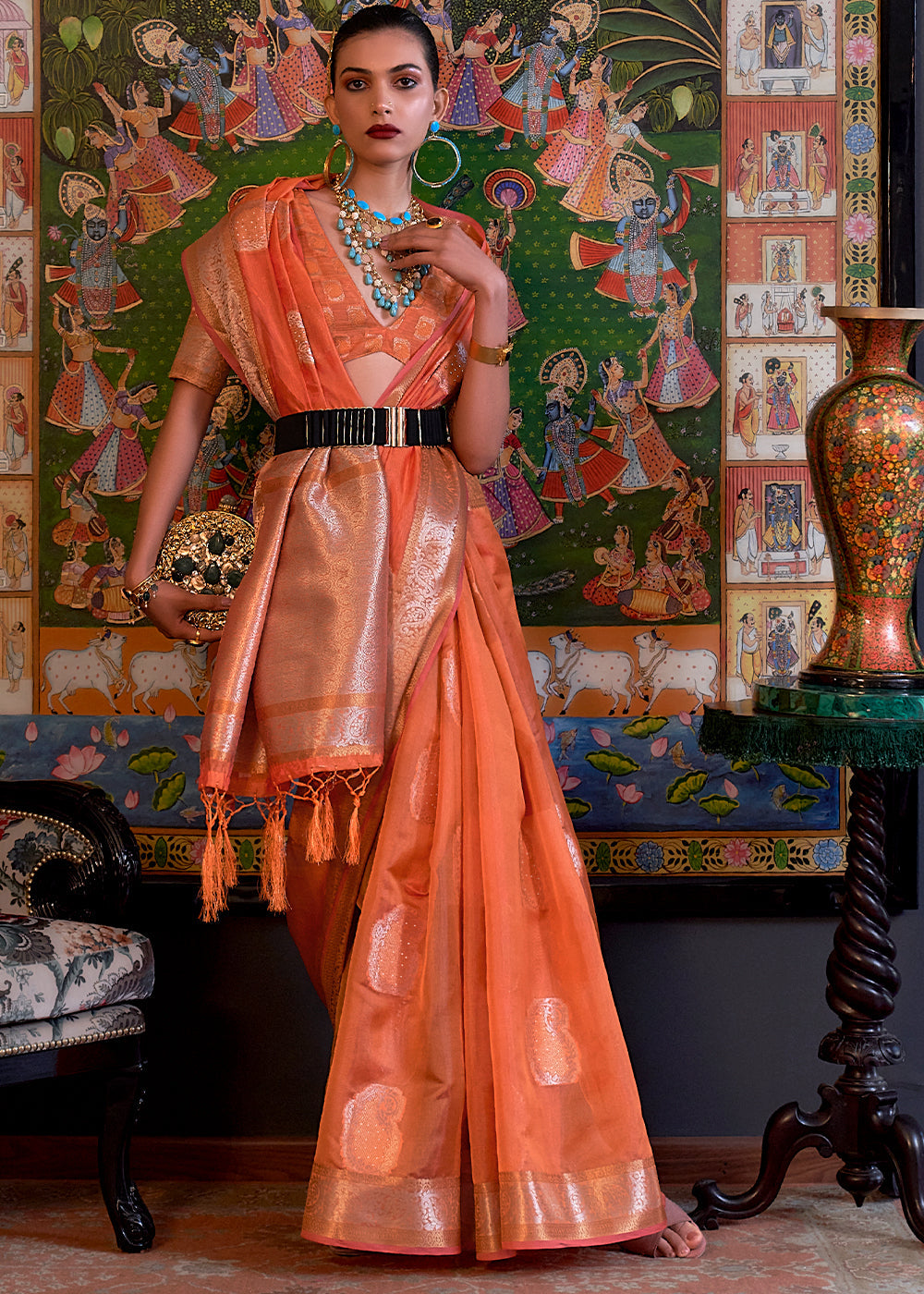 Coral Orange Handloom Woven Dual Tone Organza Silk Saree with Sequins Work Clothsvilla Main image