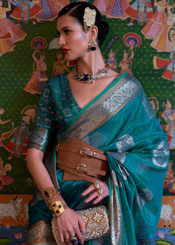 Dark Cerulean Blue Handloom Woven Dual Tone Organza Silk Saree with Sequins Work Clothsvilla