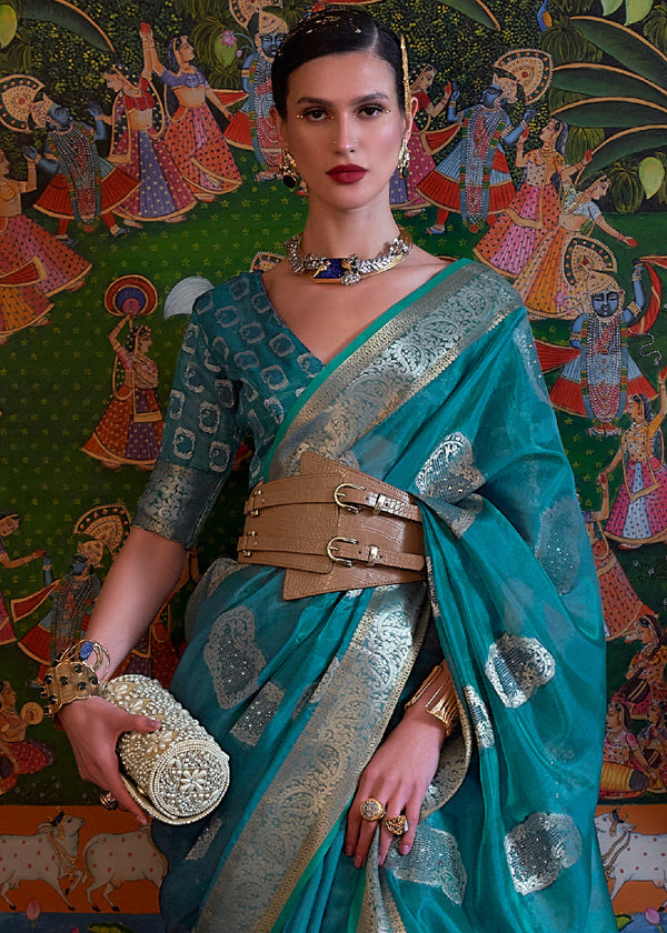Dark Cerulean Blue Handloom Woven Dual Tone Organza Silk Saree with Sequins Work Clothsvilla