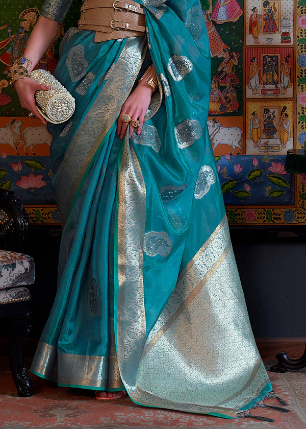 Dark Cerulean Blue Handloom Woven Dual Tone Organza Silk Saree with Sequins Work Clothsvilla