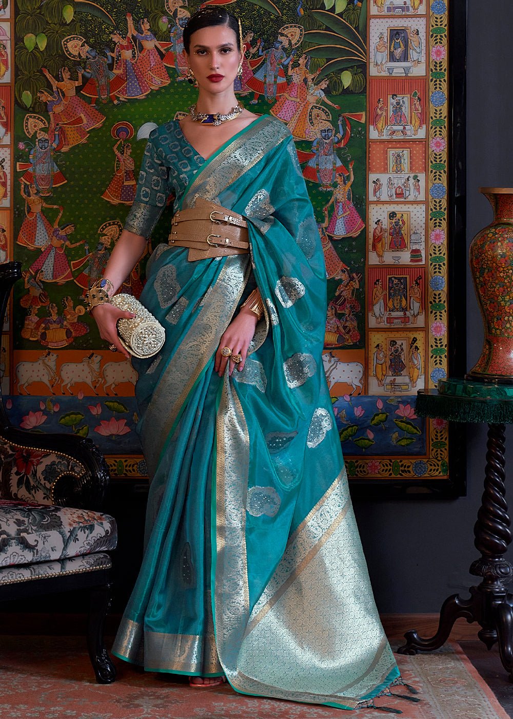 Dark sky blue embroidered silk saree with blouse - Lilots - 3470223