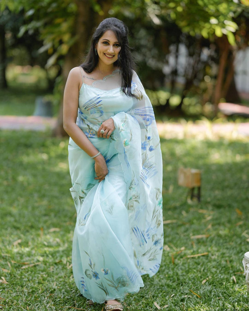 Organza Hand Painted Foil Floral Saree Cloudy Blue Clothsvilla