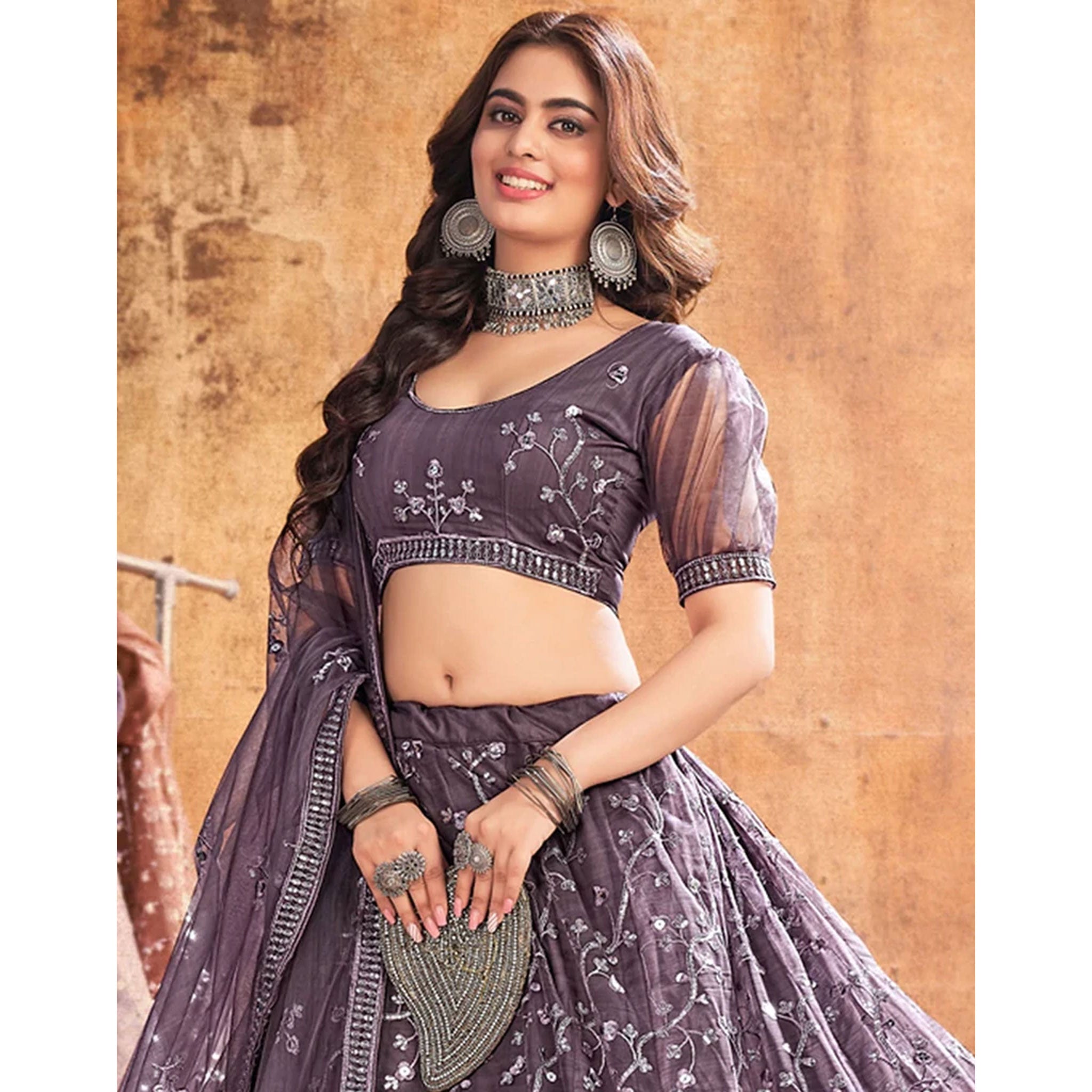 Warm Grey Thread and Sequence work Lehenga choli ClothsVilla