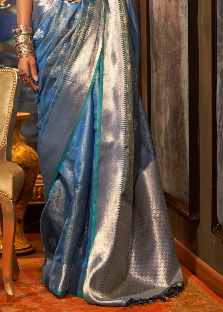 Steel Blue Two Tone Handloom Woven Organza Silk Saree Clothsvilla