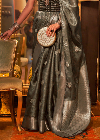 Ash Grey Two Tone Handloom Woven Organza Silk Saree Clothsvilla