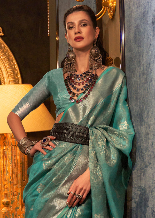 Dynasty Green Two Tone Handloom Woven Organza Silk Saree Clothsvilla