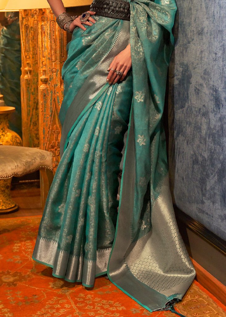 Dynasty Green Two Tone Handloom Woven Organza Silk Saree Clothsvilla