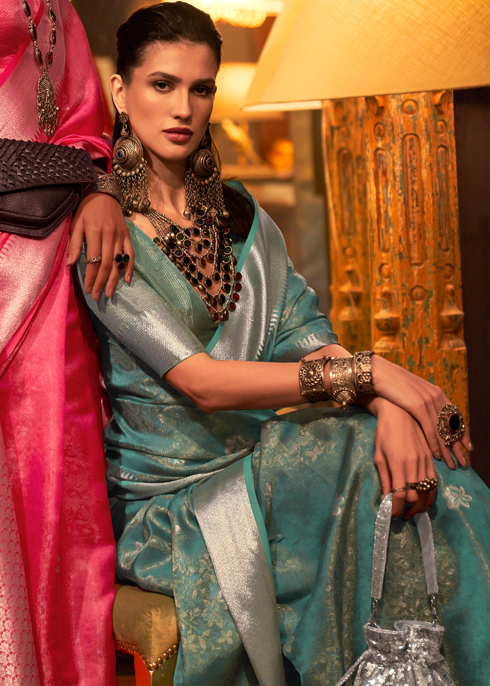 Dynasty Green Two Tone Handloom Woven Organza Silk Saree Clothsvilla