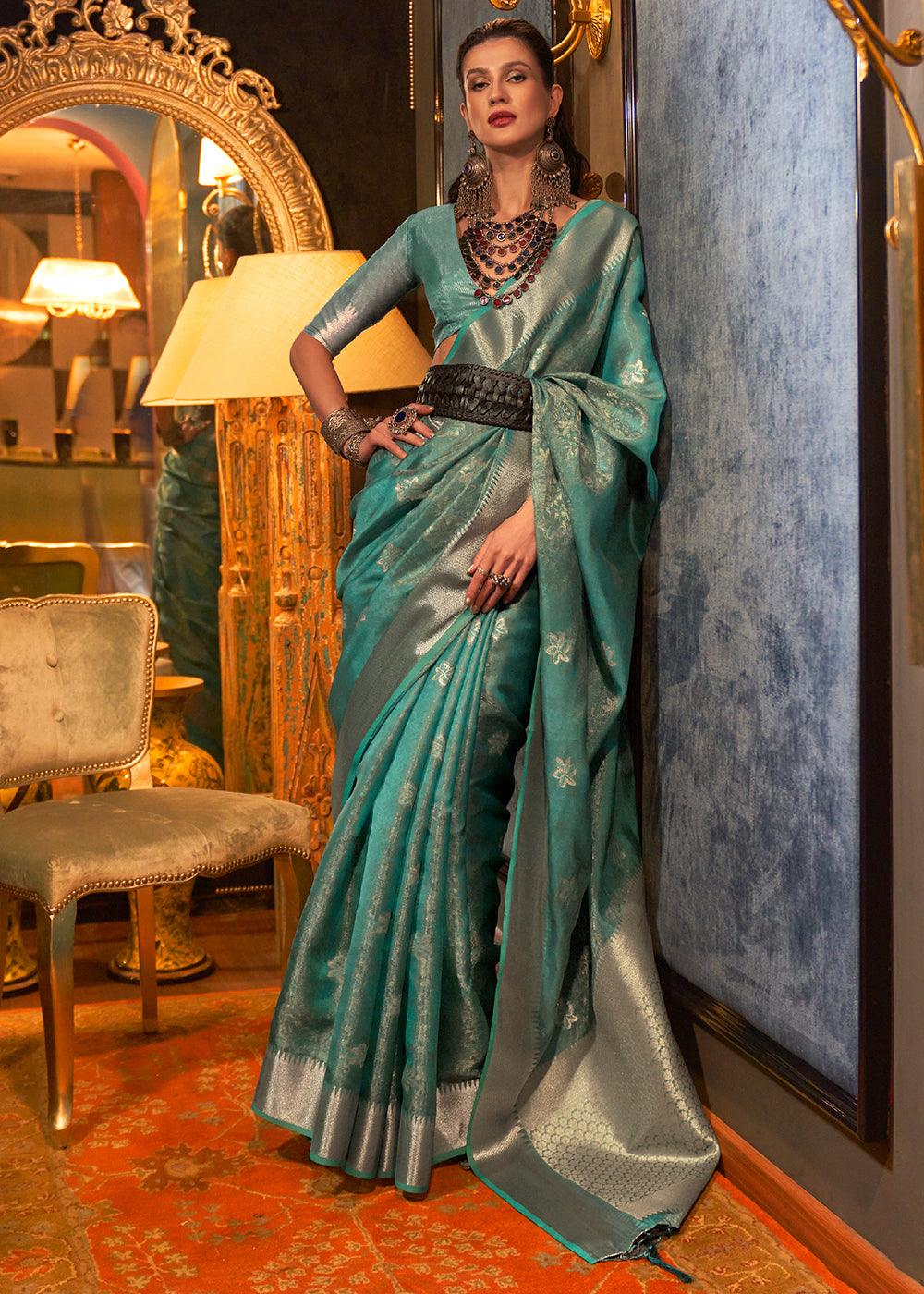Dynasty Green Two Tone Handloom Woven Organza Silk Saree Clothsvilla Main image