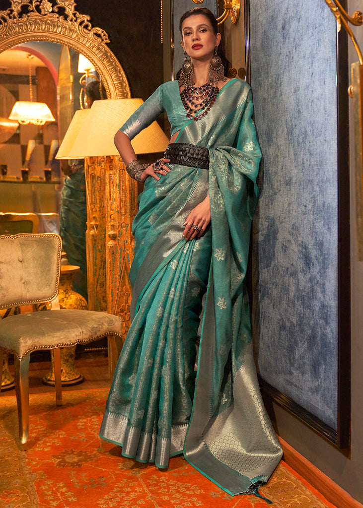 Dynasty Green Two Tone Handloom Woven Organza Silk Saree Clothsvilla