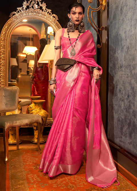 Rose Pink Two Tone Handloom Woven Organza Silk Saree Clothsvilla Main image