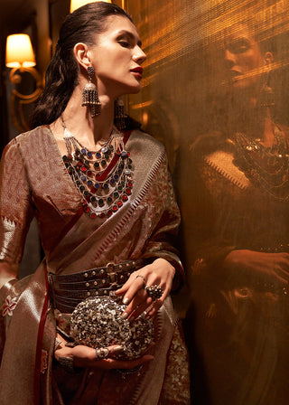 Chestnut Brown Two Tone Handloom Woven Organza Silk Saree Clothsvilla
