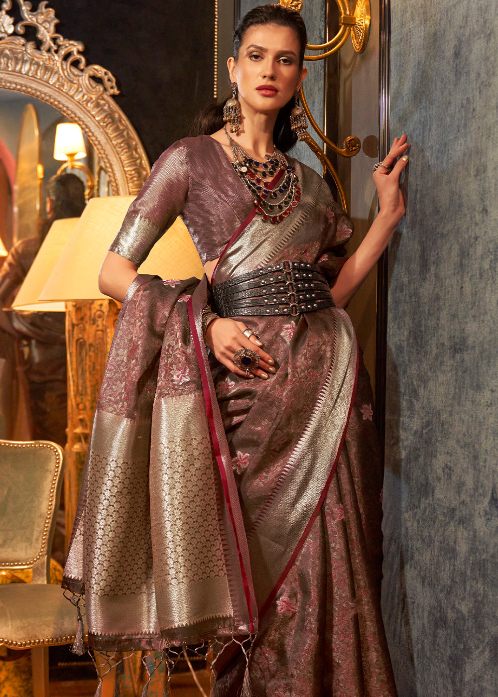 Chestnut Brown Two Tone Handloom Woven Organza Silk Saree Clothsvilla