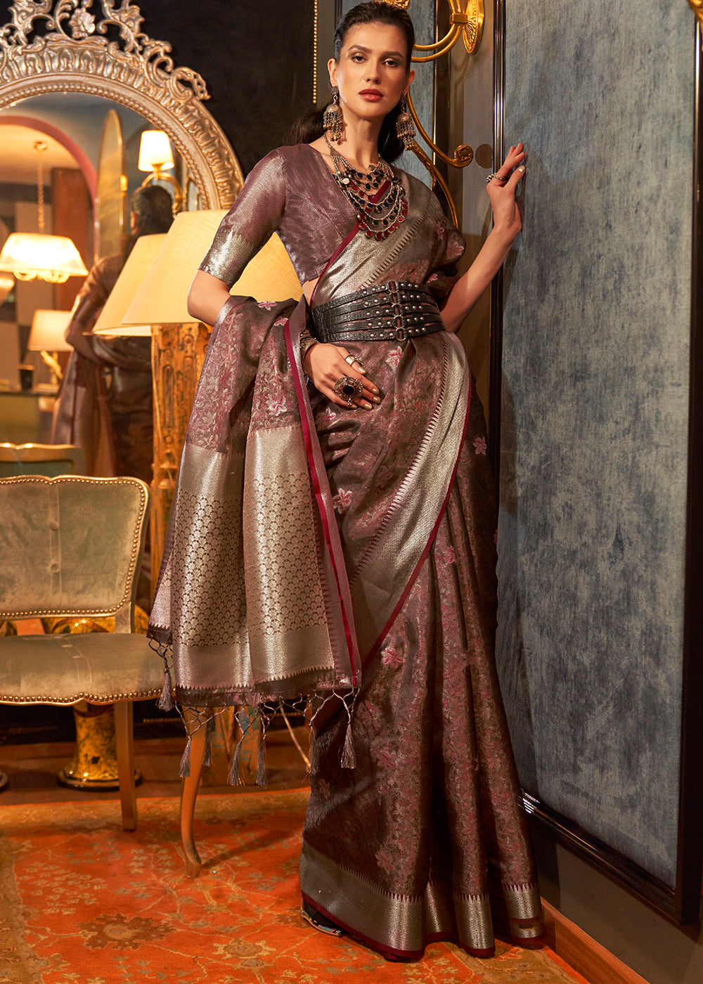 Chestnut Brown Two Tone Handloom Woven Organza Silk Saree Clothsvilla