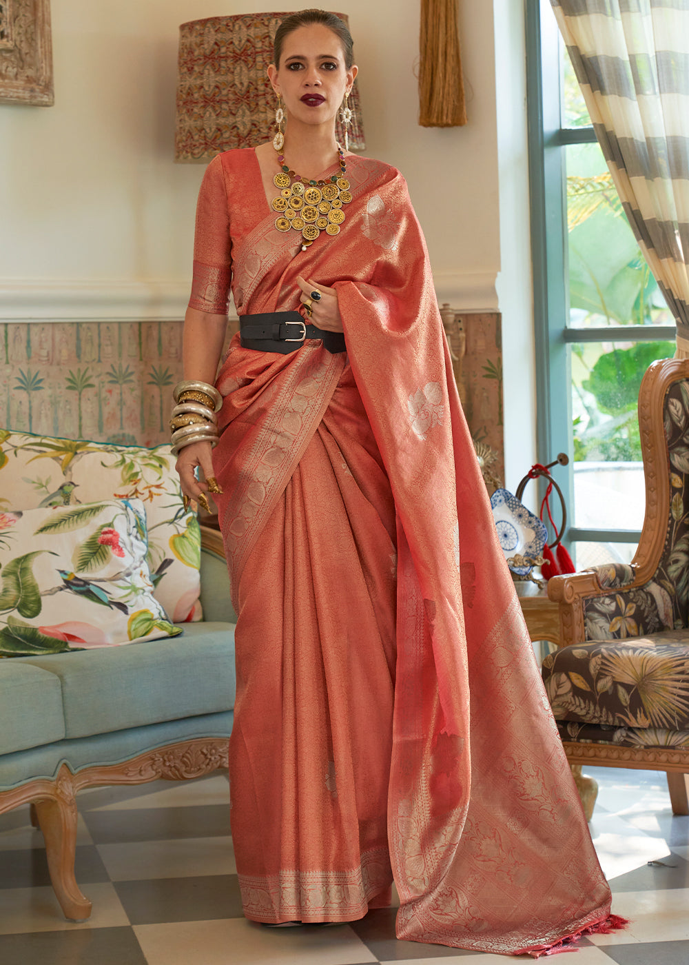 Shades Of Red Woven Satin Tissue Silk Saree Clothsvilla Main image