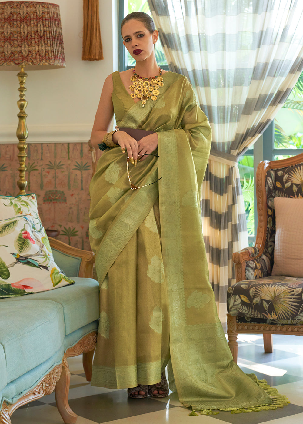 Shades Of Green Woven Satin Tissue Silk Saree Clothsvilla Main image