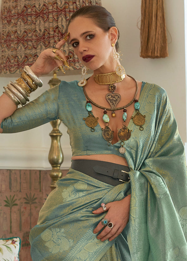 Shades Of Blue Woven Satin Tissue Silk Saree Clothsvilla