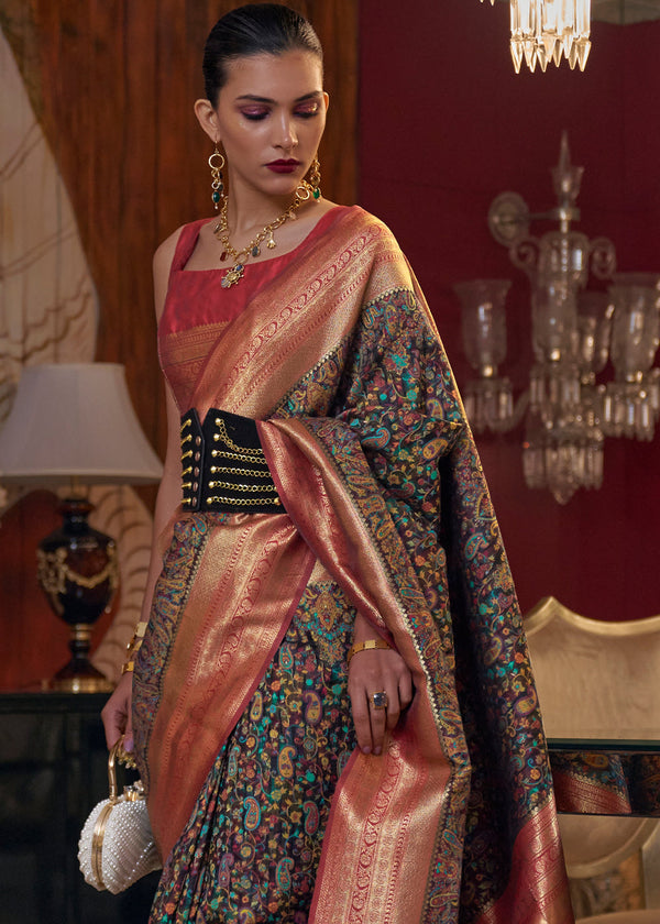 Midnight Black Kashmiri Jamawar Woven Silk Saree Clothsvilla