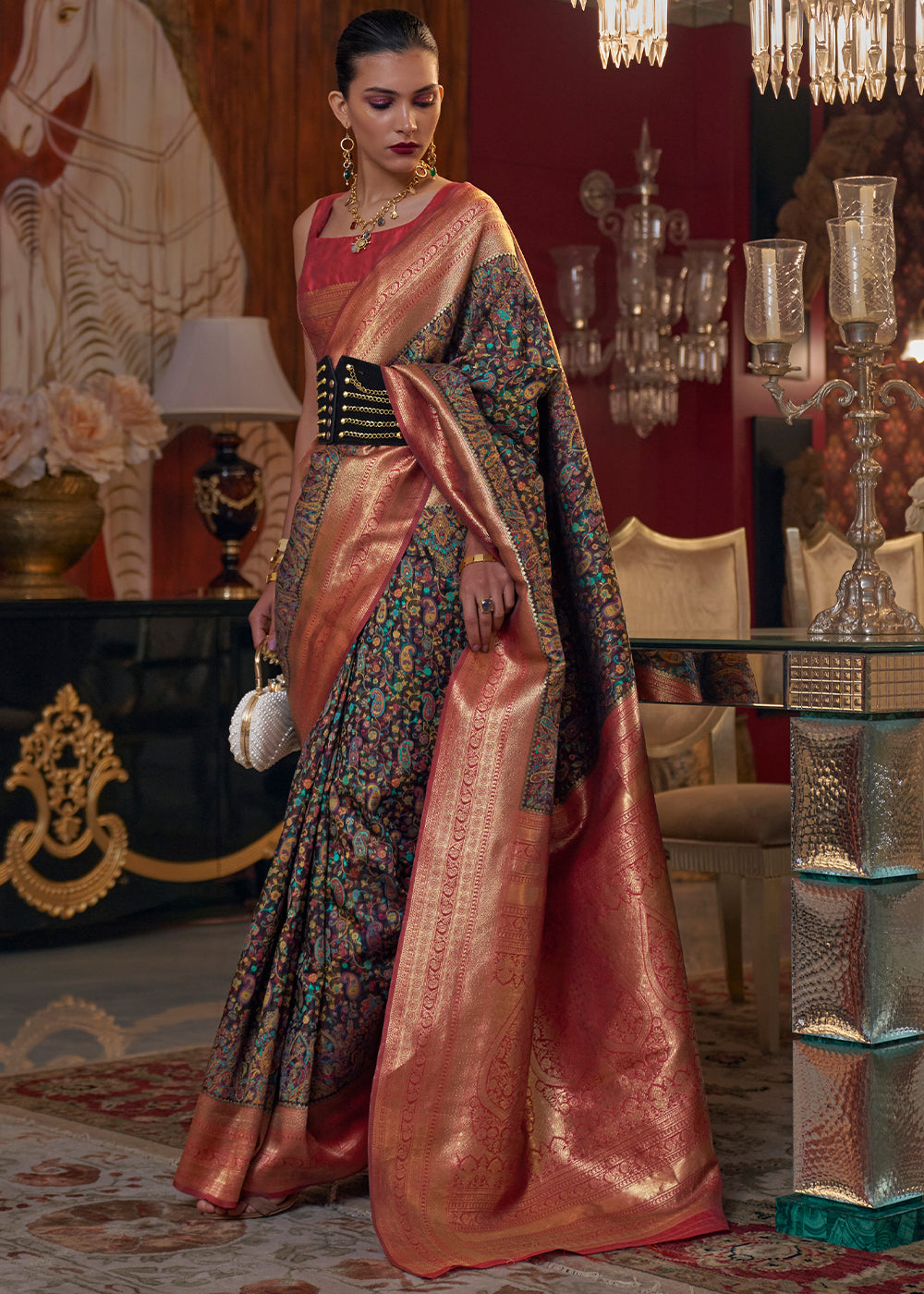 Midnight Black Kashmiri Jamawar Woven Silk Saree Clothsvilla Main image