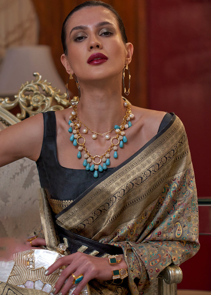 Golden Black Kashmiri Jamawar Woven Silk Saree Clothsvilla