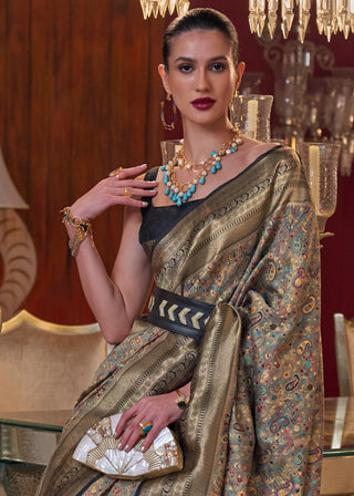 Golden Black Kashmiri Jamawar Woven Silk Saree Clothsvilla