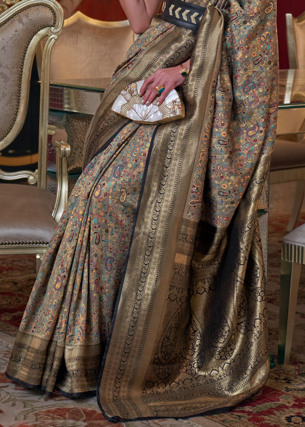 Golden Black Kashmiri Jamawar Woven Silk Saree Clothsvilla