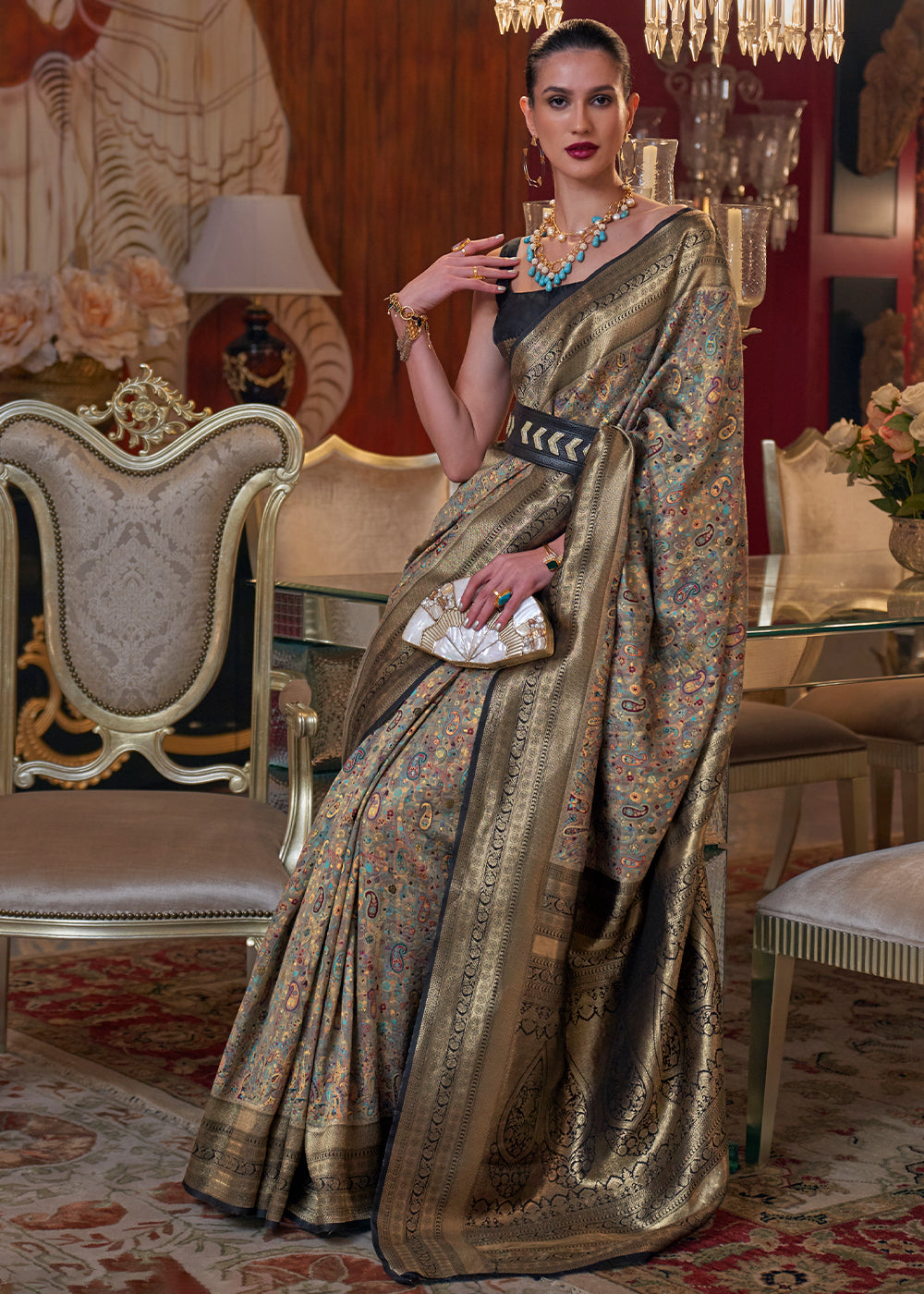 Golden Black Kashmiri Jamawar Woven Silk Saree Clothsvilla Main image