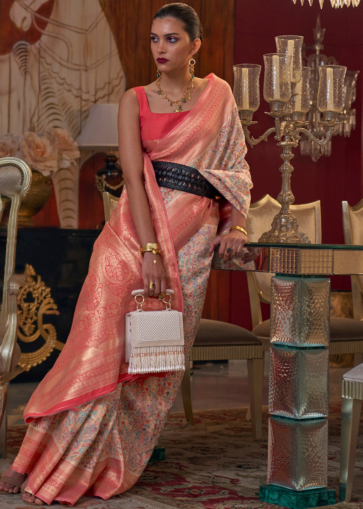 Peach Pink Kashmiri Jamawar Woven Silk Saree Clothsvilla