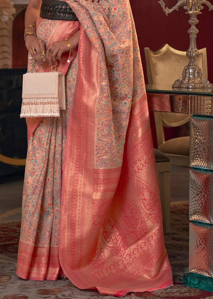 Peach Pink Kashmiri Jamawar Woven Silk Saree Clothsvilla