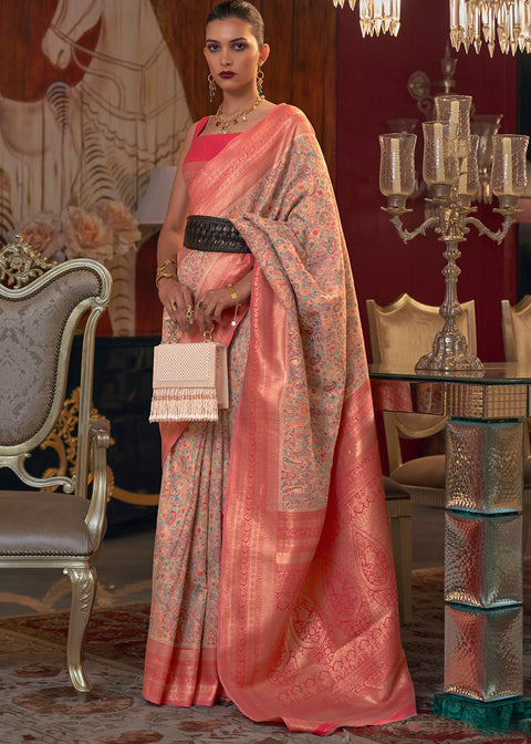 Peach Pink Kashmiri Jamawar Woven Silk Saree Clothsvilla Main image