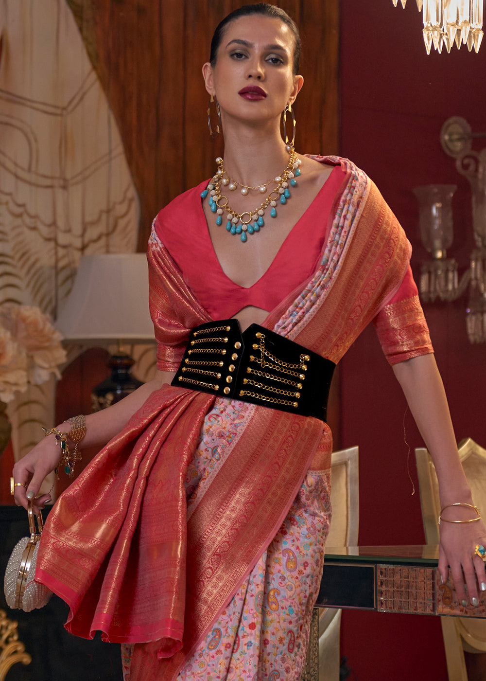 Light Pink Kashmiri Jamawar Woven Silk Saree Clothsvilla
