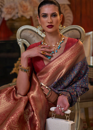 Navy Blue Kashmiri Jamawar Woven Silk Saree Clothsvilla