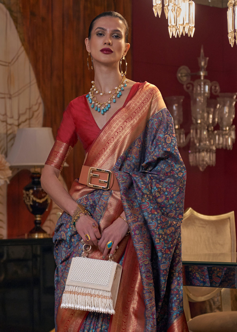 Navy Blue Kashmiri Jamawar Woven Silk Saree Clothsvilla