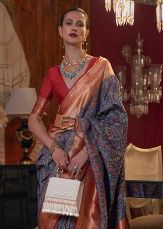 Navy Blue Kashmiri Jamawar Woven Silk Saree Clothsvilla