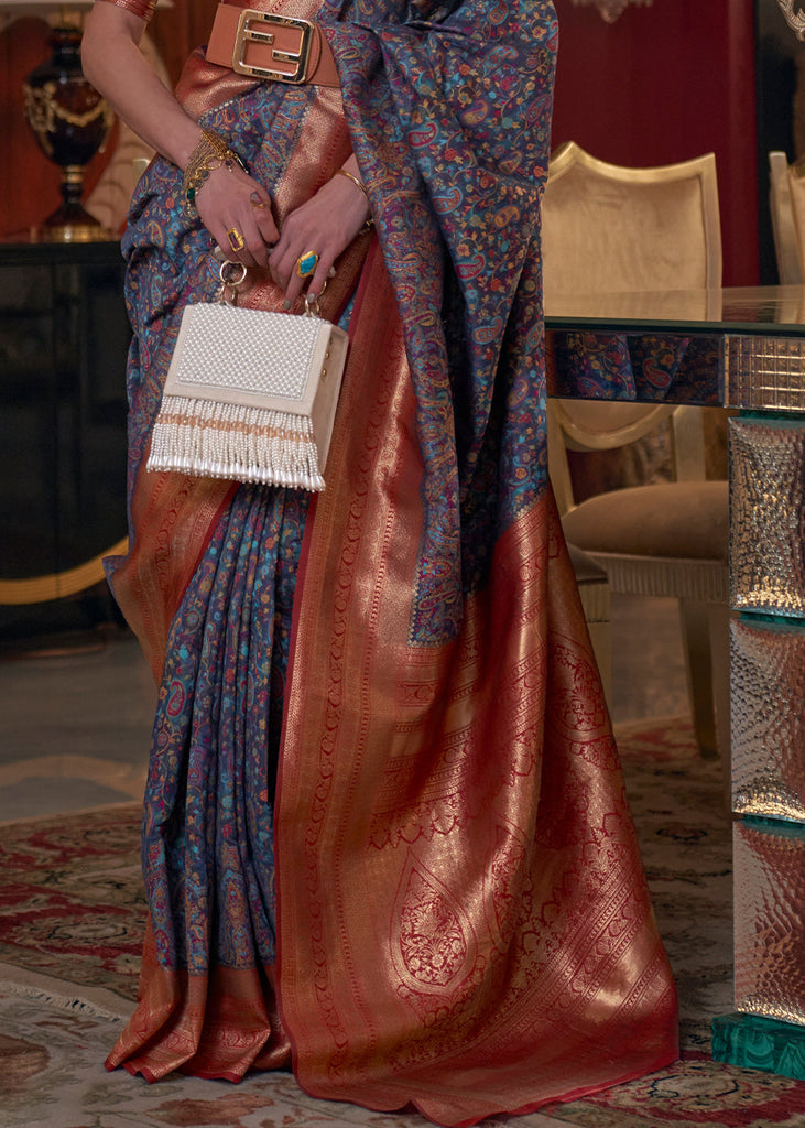 Navy Blue Kashmiri Jamawar Woven Silk Saree Clothsvilla