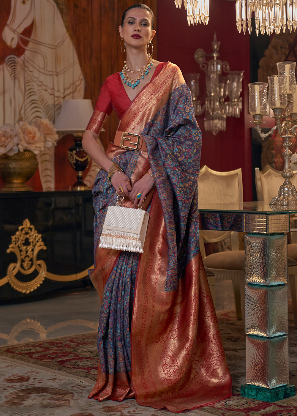 Navy Blue Kashmiri Jamawar Woven Silk Saree Clothsvilla Main image