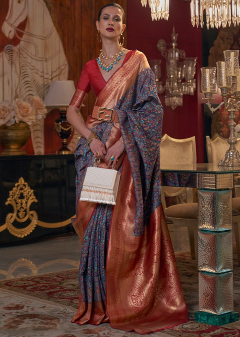 Navy Blue Kashmiri Jamawar Woven Silk Saree Clothsvilla Main image