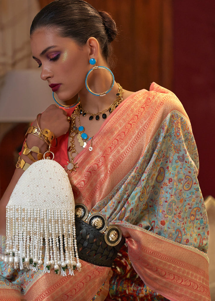 Powder Blue Kashmiri Jamawar Woven Silk Saree Clothsvilla