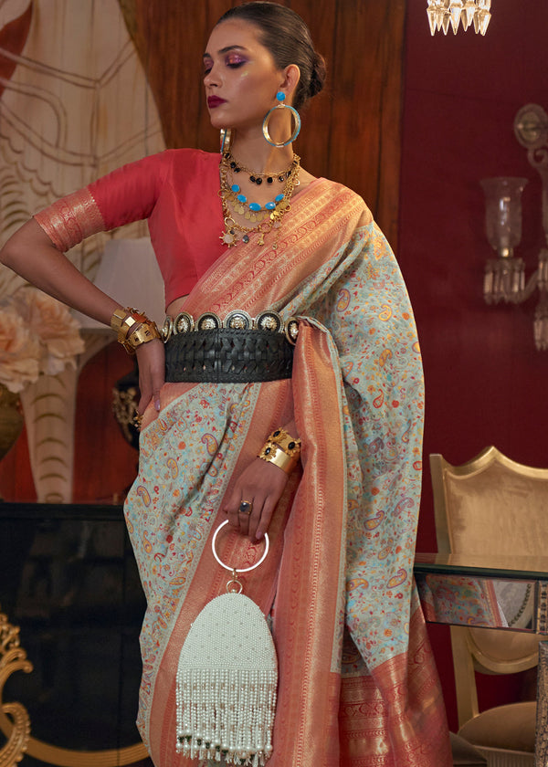 Powder Blue Kashmiri Jamawar Woven Silk Saree Clothsvilla