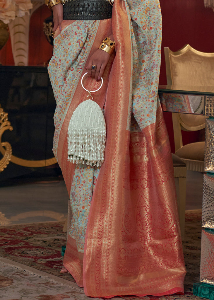 Powder Blue Kashmiri Jamawar Woven Silk Saree Clothsvilla