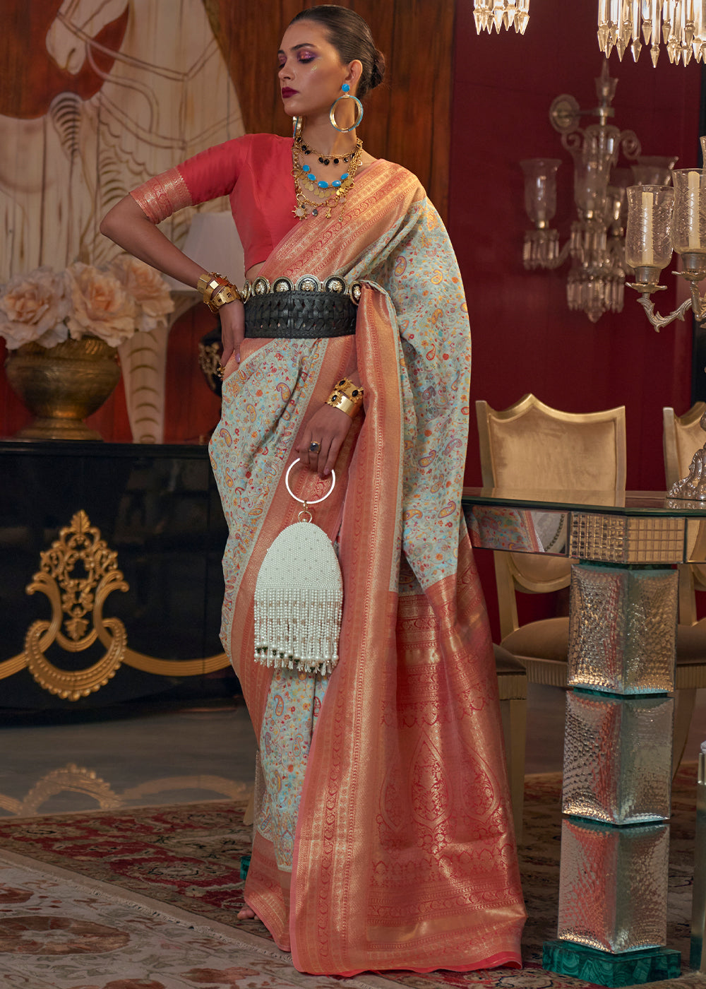 Powder Blue Kashmiri Jamawar Woven Silk Saree Clothsvilla Main image