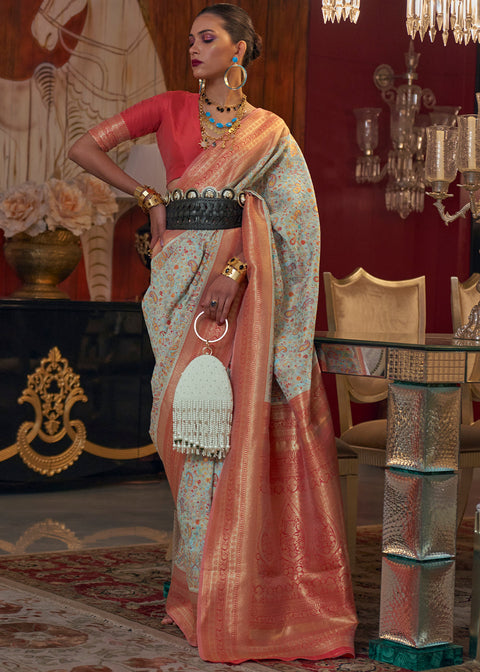 Powder Blue Kashmiri Jamawar Woven Silk Saree Clothsvilla Main image