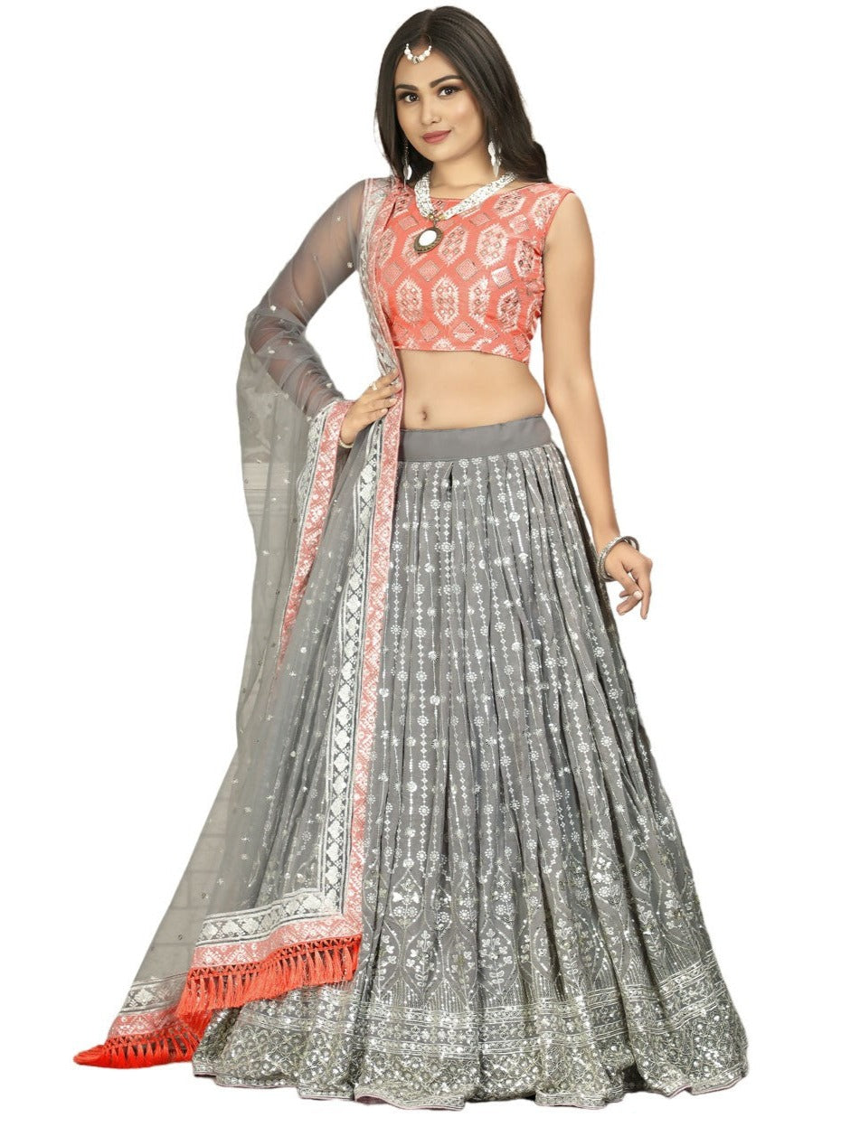 Grey color Lehenga choli with Peach Blouse and Net Dupatta ClothsVilla
