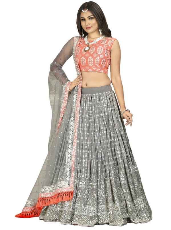 Grey color Lehenga choli with Peach Blouse and Net Dupatta ClothsVilla