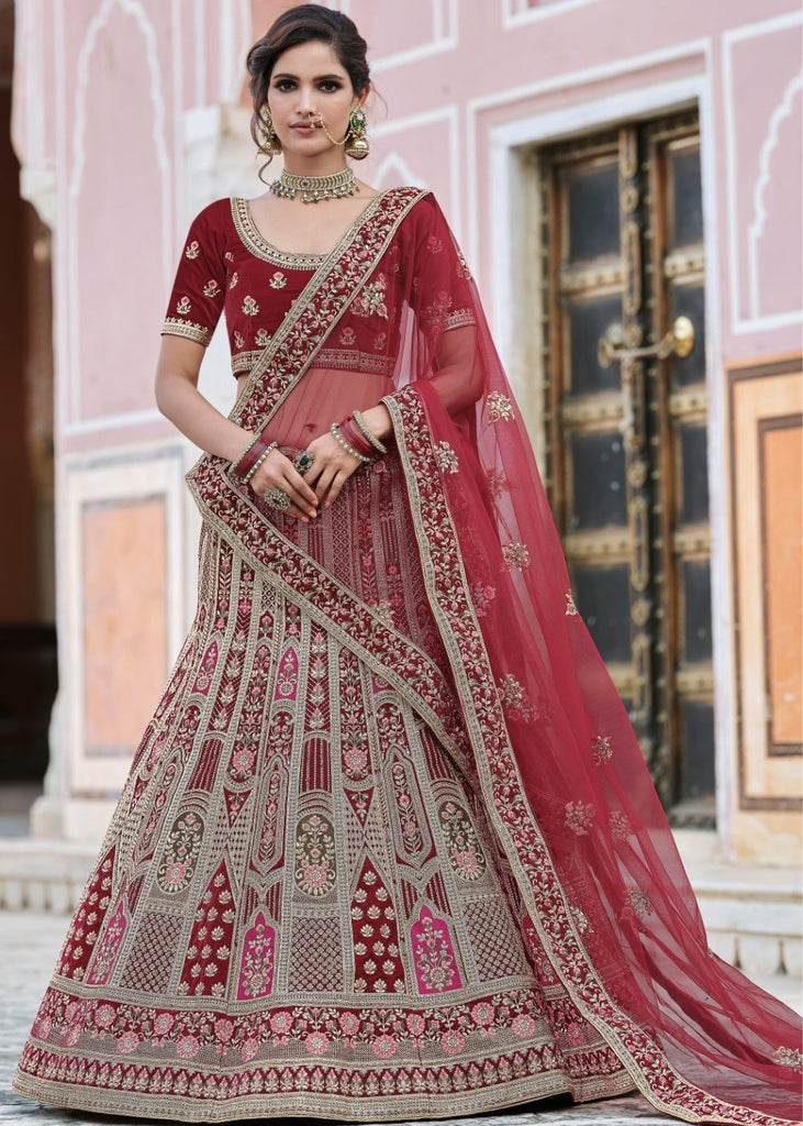 Maroon Red Velvet Lehenga Choli Having Heavy Embroidery & Hand work: Bridal Edition Clothsvilla