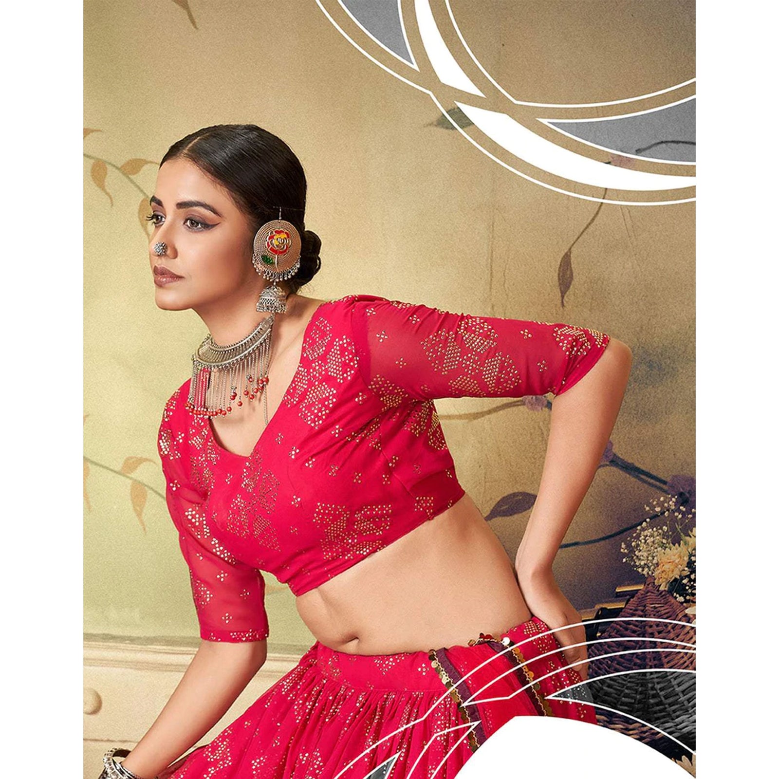 Red Ribbon Georgette Fabrics Lehenga choli ClothsVilla